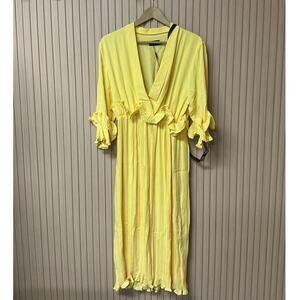 PrettyLittleThing Plus Pleated Midi Dress Frill Detail Ruffle Sleeve Size US M